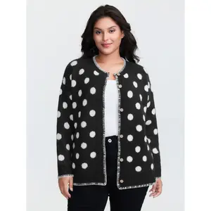BloomChic Plus Size Geometric Jacquard Knit Cardigan, Casual Loose Fit Knitwear with Long Sleeves and a Round Neck