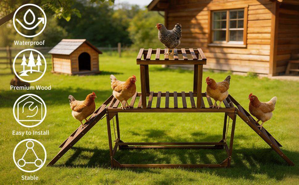 Bingopaw Wooden Chicken Jungle Gym with Ladder and Swing, 2-Tier Roosting Bar Stand for 8-10 Hens, Natural Pine Poultry Playground with Wide Slatted Platform