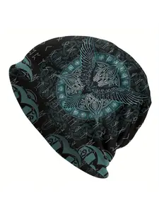 BIIHUDU Men's Viking Rune Beanie Hat - Norse Viking Skull with Odin Rune & Raven Design, Celtic Knot & Viking Symbols, Dark Teal/Black Winter -like Texture for Viking Costumes, & Norse Culture