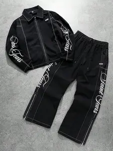 Men's Y2K Grunge Streetwear Two-Piece Sweatsuit Matching Set - Oversized Contrast Stitching Zip-Up Jacket & Wide Leg Tracksuit Pants with Cursive Graphics - Trendy Cyber Goth Baggy Outfit for Night Out & Skate Style