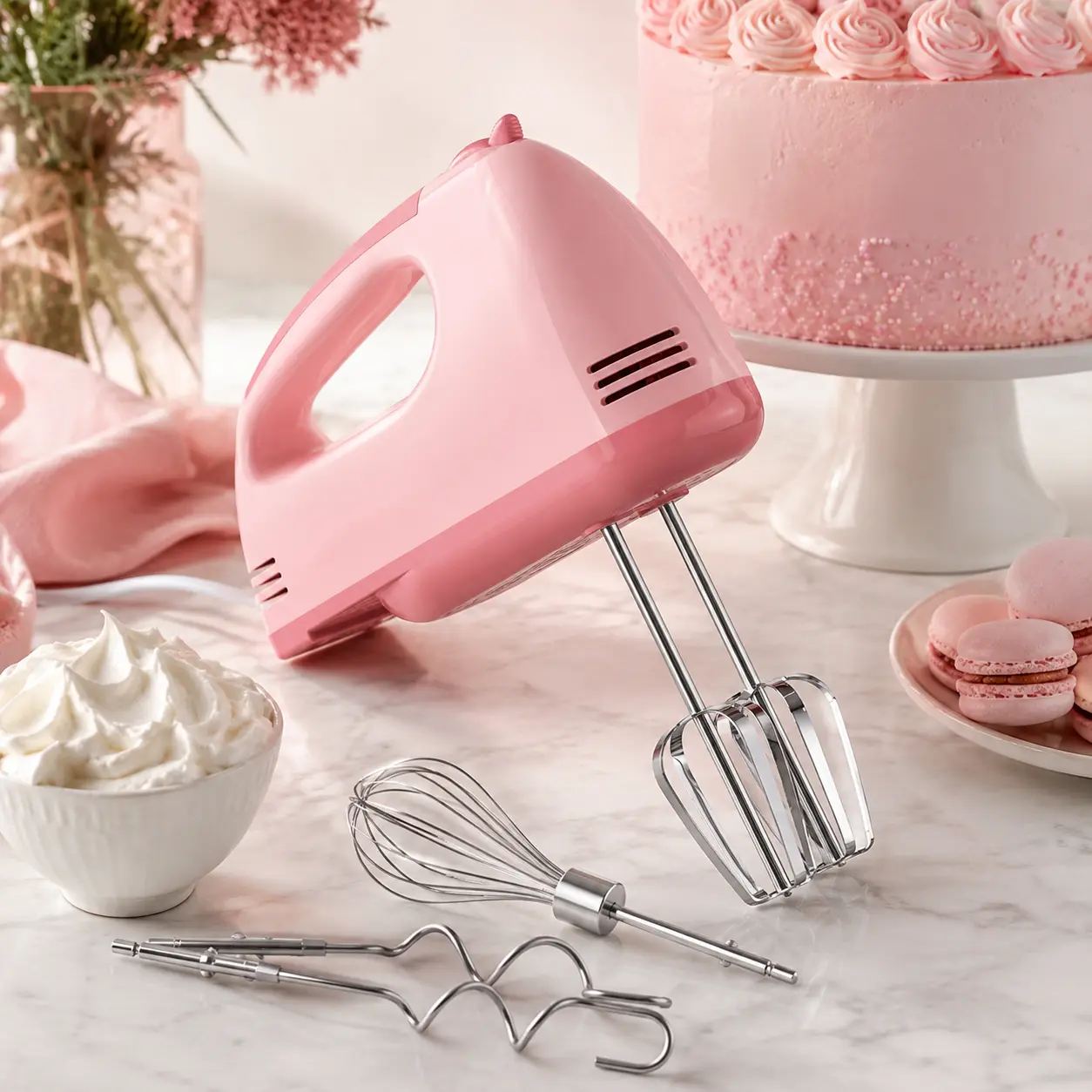7-Speed Electric Hand Mixer with 5 Stainless Steel Attachments, Lightweight Kitchen Mixer – Light Pink
