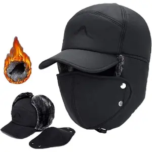 Men's Trapper Hat - Thermal Faux Fur Lined Trooper Aviator Hat with Windproof Ear Flaps & Removable Warm Mask - 3 in 1 Winter Essential Gear