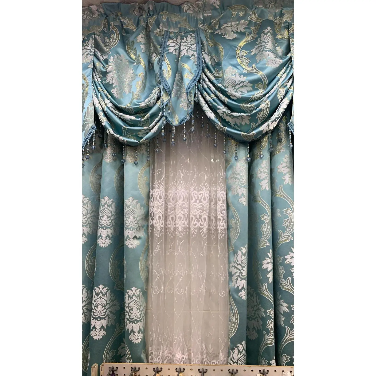 Mina Aqua Luxury Curtains 4Pc Set With Amy White Middle Panels