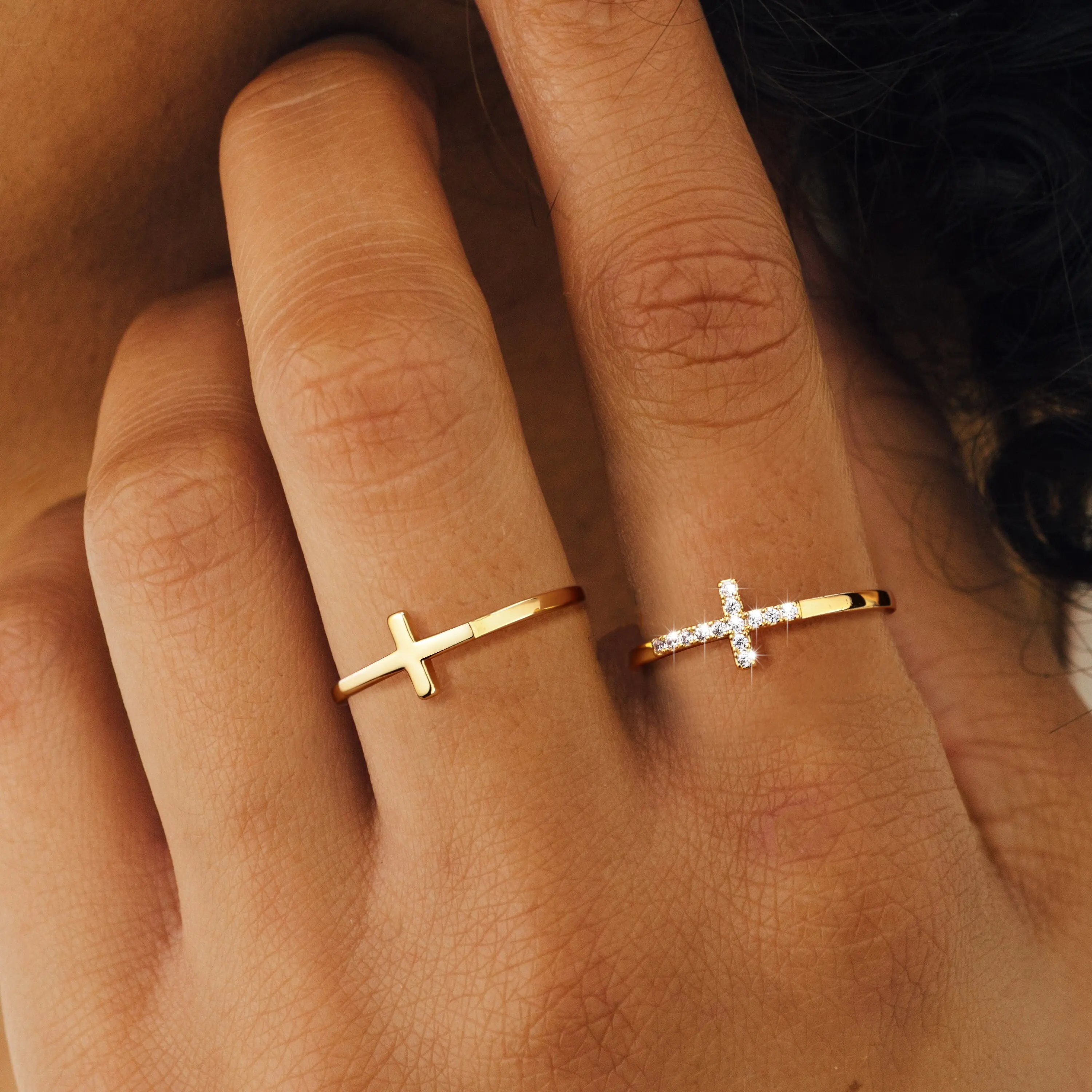KOPERIN Dainty 2Pcs Cross Ring Set for Women Thin Stackable Thumb Ring Non Tarnish CZ Rings Trendy Jewelry Gift for Fashion
