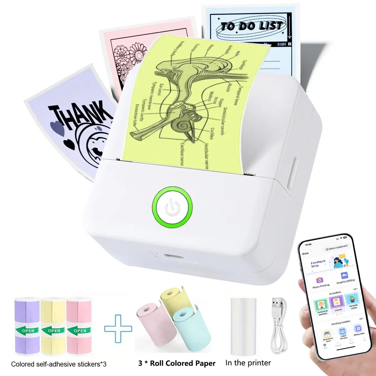 Mini Printer, Portable Thermal Label Maker, Inkless Label Printer, Includes 6 Rolls of Colorful Thermal Printing Paper, for Labels, Receipts, Photos, Notes, and Learning, Compatible with iOS & Android