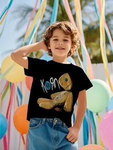 Boys' Casual Round Neck T-Shirt with Korn Print, Quick-Dry Cotton Knit Fabric, Perfect for Summer kid summer