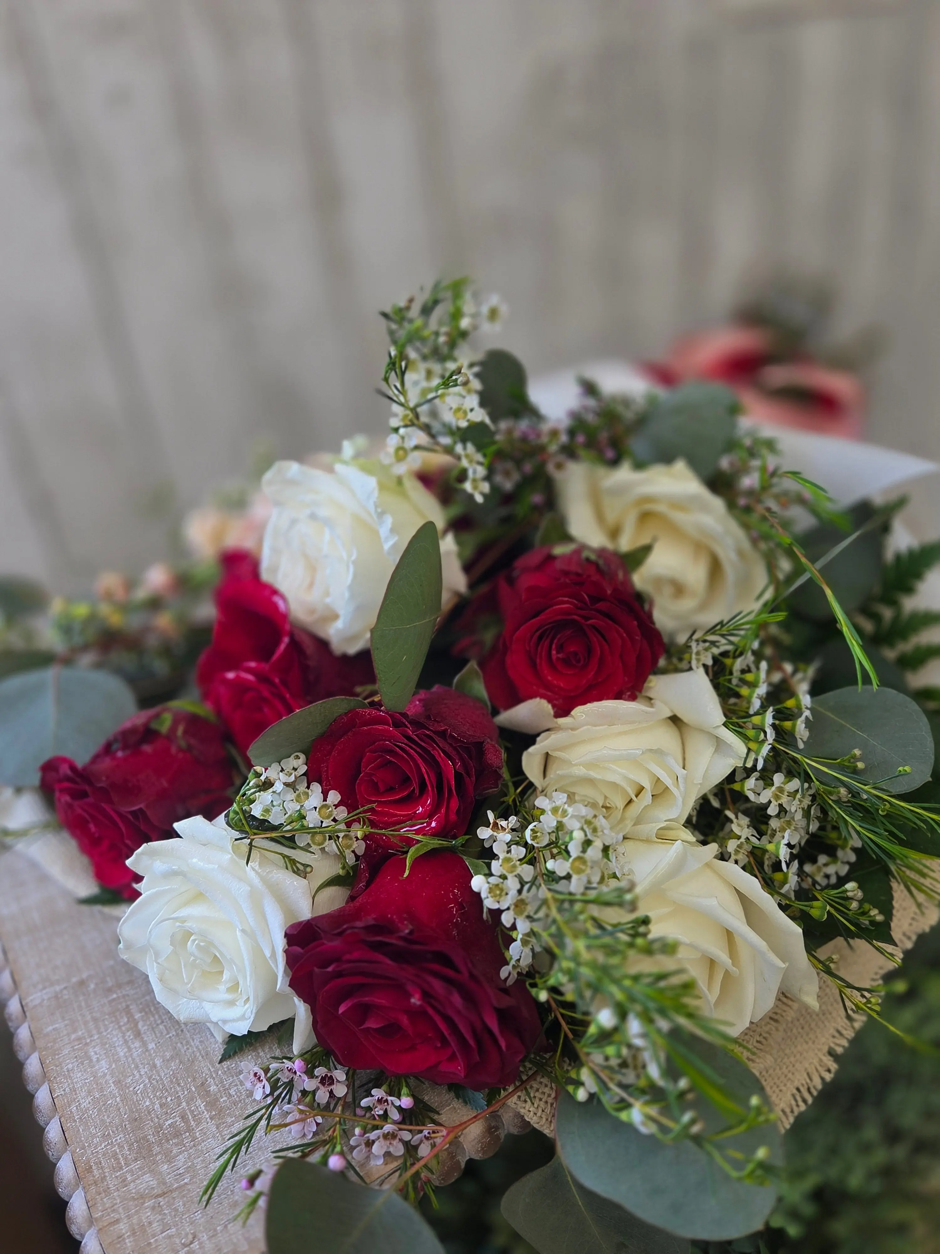 Classic Red and White Roses- Wrapped Fresh Flowers