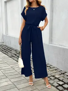 Elegant Women's Casual Chic Dress Pants with Back Cutout Design, Classic Plain Color, Lightweight Fashion, Drop Shoulder Short Sleeve, Fitted, Womenswear