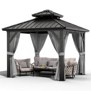 Garvee 10x10 ft Double Roof Hardtop Gazebo, Heavy Duty Galvanized Steel Pavilion with Netting and Curtains, Metal Roof Patio Gazebo for Terrace, Lawn, and Deck, Gray
