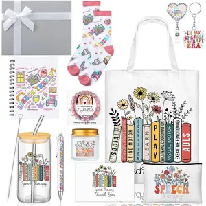 Remerry 12 Pcs Speech Language Pathologist Gifts for Women SLP Appreciation Gifts Set Includes Tote Bag Cosmetic Bag Glass Cup Candle Notebook Bracelet Badge Holder for Graduation Teacher Coworker