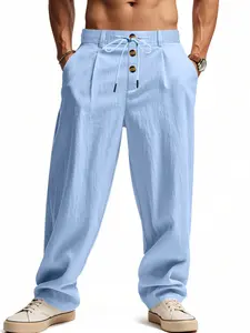 Men's Lightweight Breathable Linen Pants, Summer Casual Loose Fit Vacation Wide Leg Pants, Everyday Wear Comfortable Clothing