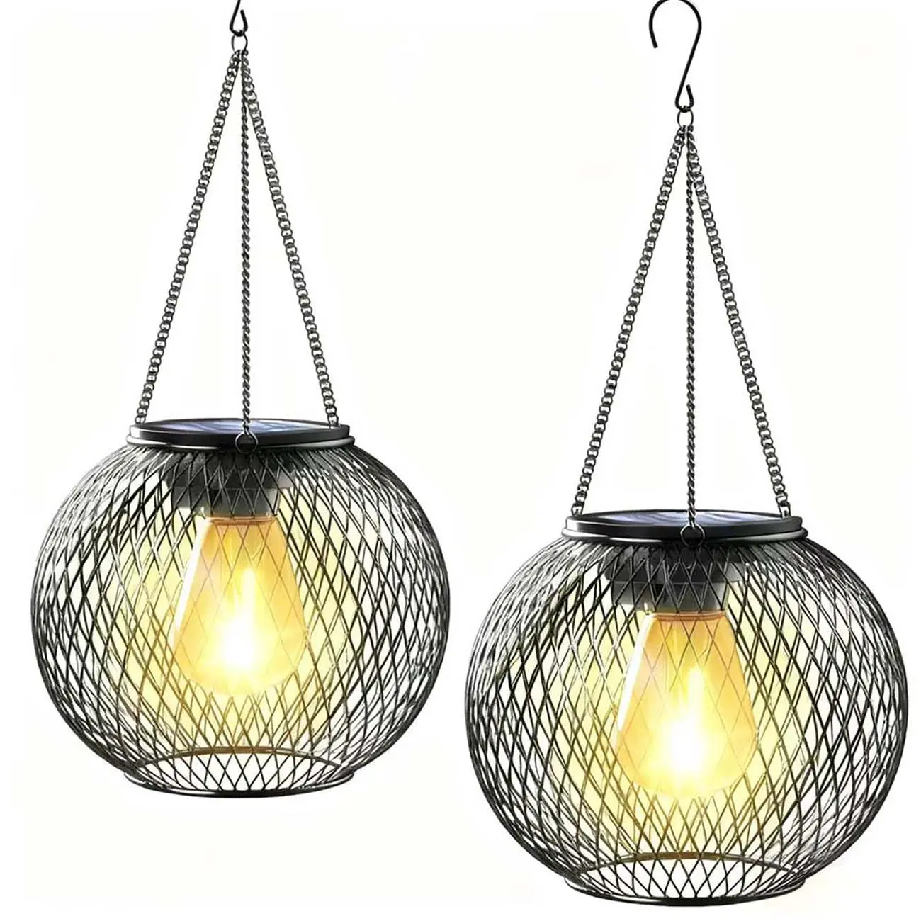 2-Pack Outdoor Solar Hanging Lanterns, Metal Mesh Globe Lights with Vintage Edison Bulbs, Waterproof Decorative Lights for Garden, Patio, Porch
