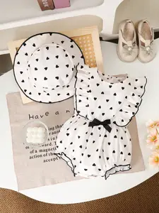 Baby Girl Summer Sleeveless Jumpsuit with Hat, Heart Print, Cute Round Neck Ruffle, Perfect for Outdoor, Festival, Daily Wear
