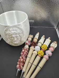 Jesus Pen Holder Set 3D Printed with 5 Custom Crafted Christian Beaded Pens Unique Design for Religious Gifts Featuring Baby Jesus Mary and Three Wise Men