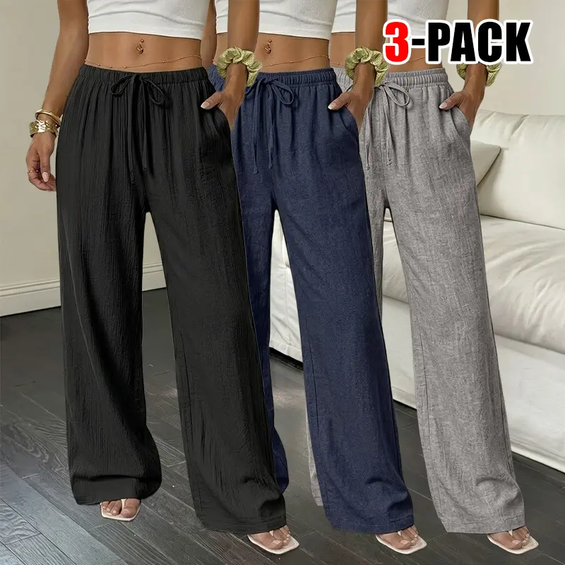 3PCS, women’s elegant casual versatile solid-color straight-leg pants, simple solid-color wide-leg long pants with a waist cincher and pockets, suitable for casual everyday wear and vacations