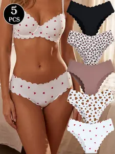 Women's Seamless Design Bikini Underwear Set, Soft Comfort Soft Material Low Waist Low Rise Fit, Multi-Color Prints (leopard, Heart) Variety Of Patterns, Breathable Skin-Friendly Fabric Wave Edge Detail