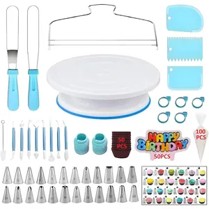 Cake Decorating Kit, 248 count Baking Supplies Tools with Cake Turntable, Leveler, 24 Numbered Icing Tips, 2 Spatulas, 3 Scrapers, 2 Couplers, 50 Cupcake Liners, 100 Pastry Bags & , (Blue)