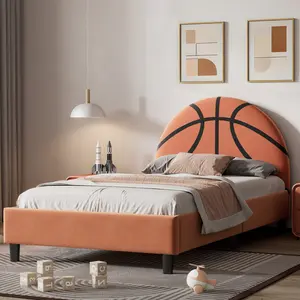 Basketball Design Twin Size Bed Frame for Kids,Twin Boys Bed Frame,Sports Theme Upholstered Platform Bed with Headboard for Boys,Girls,Orange