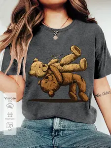 Women's Crew Neck T-Shirt, Retro Teddy Bear Print, Multiple Colors Available, Machine Washable, Spring & Summer Top, Soft Skin-Friendly Fabric, Daily Versatile, Fashion Design