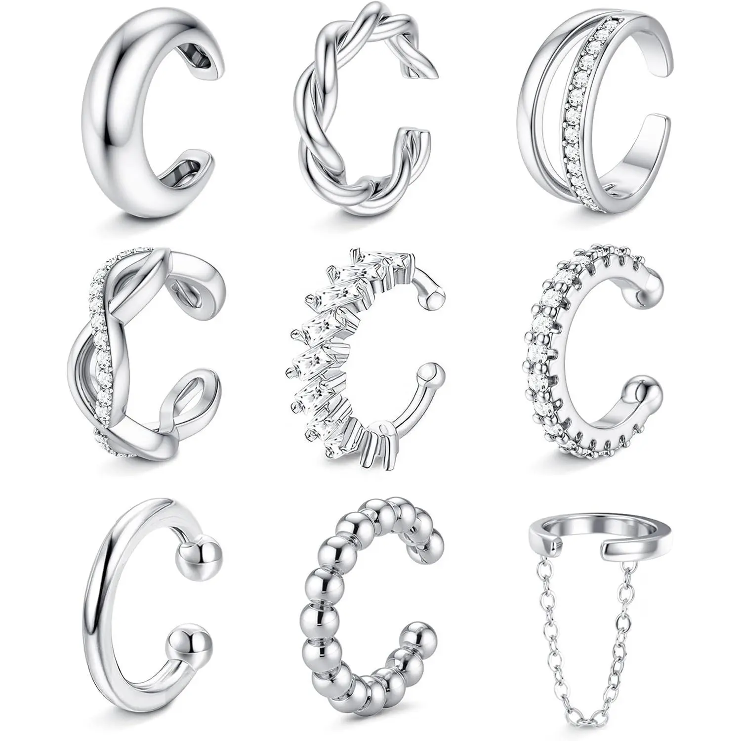 CASSIECA Women's 9PCS 14 Karat Gold Plated Hypoallergenic Ear Cuff Stacking Set - Non-Piercing, Adjustable Clip-On, Non-Tarnish Cartilage Helix Earring Wrap Jewelry for Daily Wear