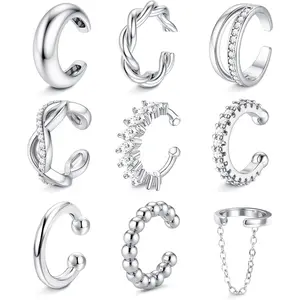 CASSIECA Women's 9PCS 14 Karat Gold Plated Hypoallergenic Ear Cuff Earring Stacking Set, Non-Piercing Clip-On Adjustable Non-Tarnish Cartilage Wrap Jewelry for Daily Wear Summervibes