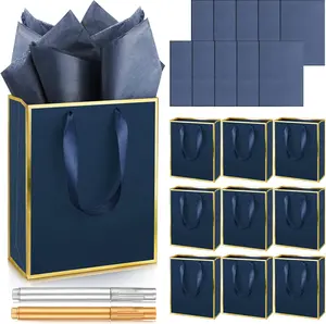 10 Pack Metallic Paper Gift Bags with Handle Tissue Paper Thank You 5 Senses Gift Bag for Birthday Wedding Baby Shower Groomsmen Bridal Graduation Party Favor 9 x 7 x 3.15''(Navy Blue, Gold)