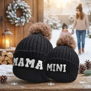2PCS Parent-Child Beanie Hat Set - Mama and Baby Embroidery Knitted Winter Warm Cuffed Ski Cap with Pom Pom for Family Matching Outfits Cold Weather Accessories Cozy Fleece Lined Unisex Design
