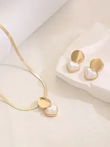 3-Piece Women's Jewelry Set, Simple Korean Style Round Bead Earrings and Necklace, Heart Design with Imitation Pearls, Ideal for Daily Wear, Matching Jewelry Set