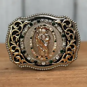 Golden, Silver and Black Buckle with San Judas Design - Western Buckles Made in Mexico