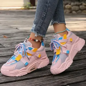 Women's Fashion Retro Breathable Round Toe Lace Up Tchick-soled Sneakers with Colorful Straps and Comfortable Sole Closed Shoe Footwear Walking Shoes