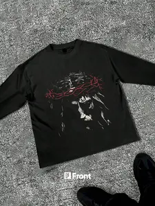 Men's Slim Fit Long Sleeve Graphic T-Shirt, Double-Sided Print, Jesus Cross Art Text, Casual Daily Wear, Unisex Street Style, Streetwear