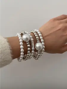 Stacking pearl bracelet set Pearls Beaded women's temperament large round beads micro-inlaid hand jewelry