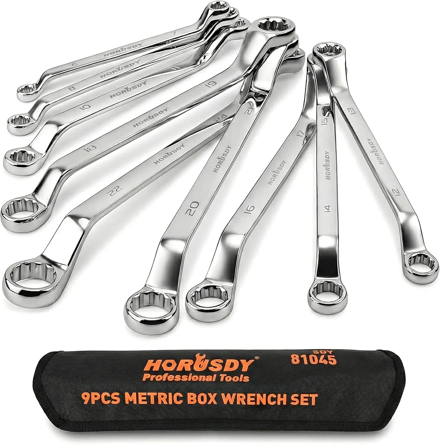 HORUSDY 9-Pieces Metric Offset Box Wrench Set with Rolling Pouch, 50-Degree, Metric 6-24mm, CR-V Steel