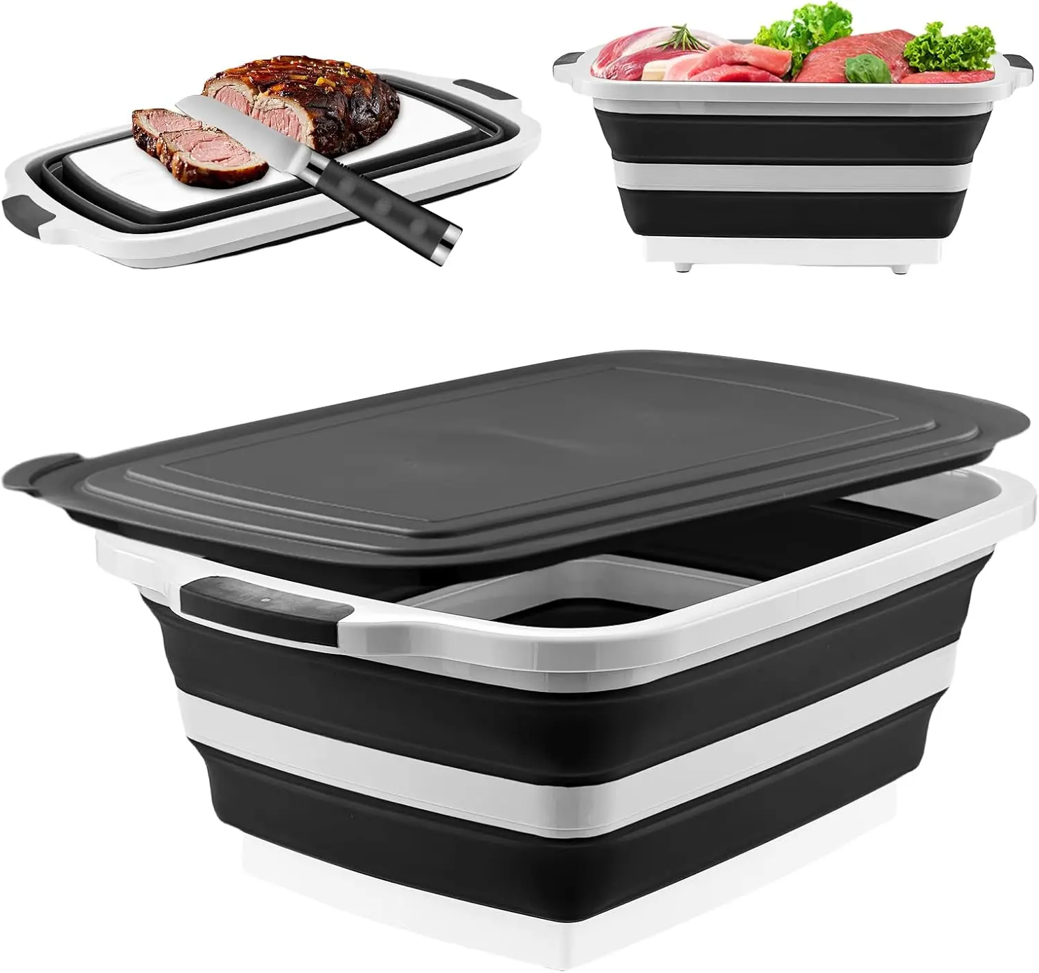 Large Collapsible BBQ Prep Tub 30L Food Grade Marinating Container With Cutting Board Drain Basket Lid Portable Meat Prep Bowl For Camping Picnic Kitchen