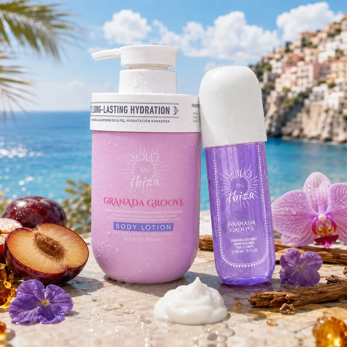 SOLO EN IBIZA Granada Groove Body Care Duo, Fragrance Mist (6.1 oz) & Smoothing Lotion (16.9 oz) / Body Wash (16.9 oz), Warm Fruit & Orchid Scent for Dinners, Scented, Aroma, Woody, Floral