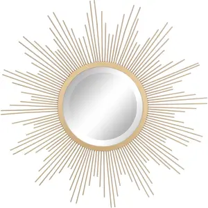 Round 23 antique gold metal starburst hanging wall mirror with attached mounting bracket decorative decor for the living room bedroom bathroom hallway and entryway