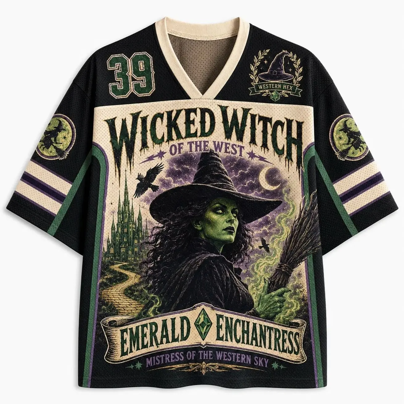 Wicked Witch Mesh Jersey Shirt, Dark Fantasy Witch Graphic Jersey, Gothic Halloween Costume Style Top, Unisex Horror Fan Jersey Gift 7D7