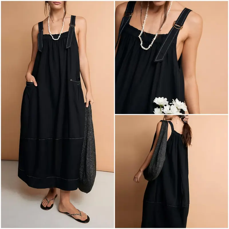 Yeokou Women's Barrel Midi Dress Sleeveless Strappy Maxi Dress with Big Pockets & Adjustable Straps Minimalist Basic Casual Fall Dress,summerwins
