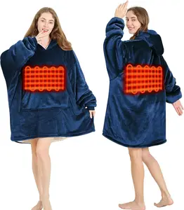 Oversized Heated Blanket Hoodie For Men & Women USB Heated Wearable Blanket 3 Pads Button Control Fleece Flannel Cozy Gift