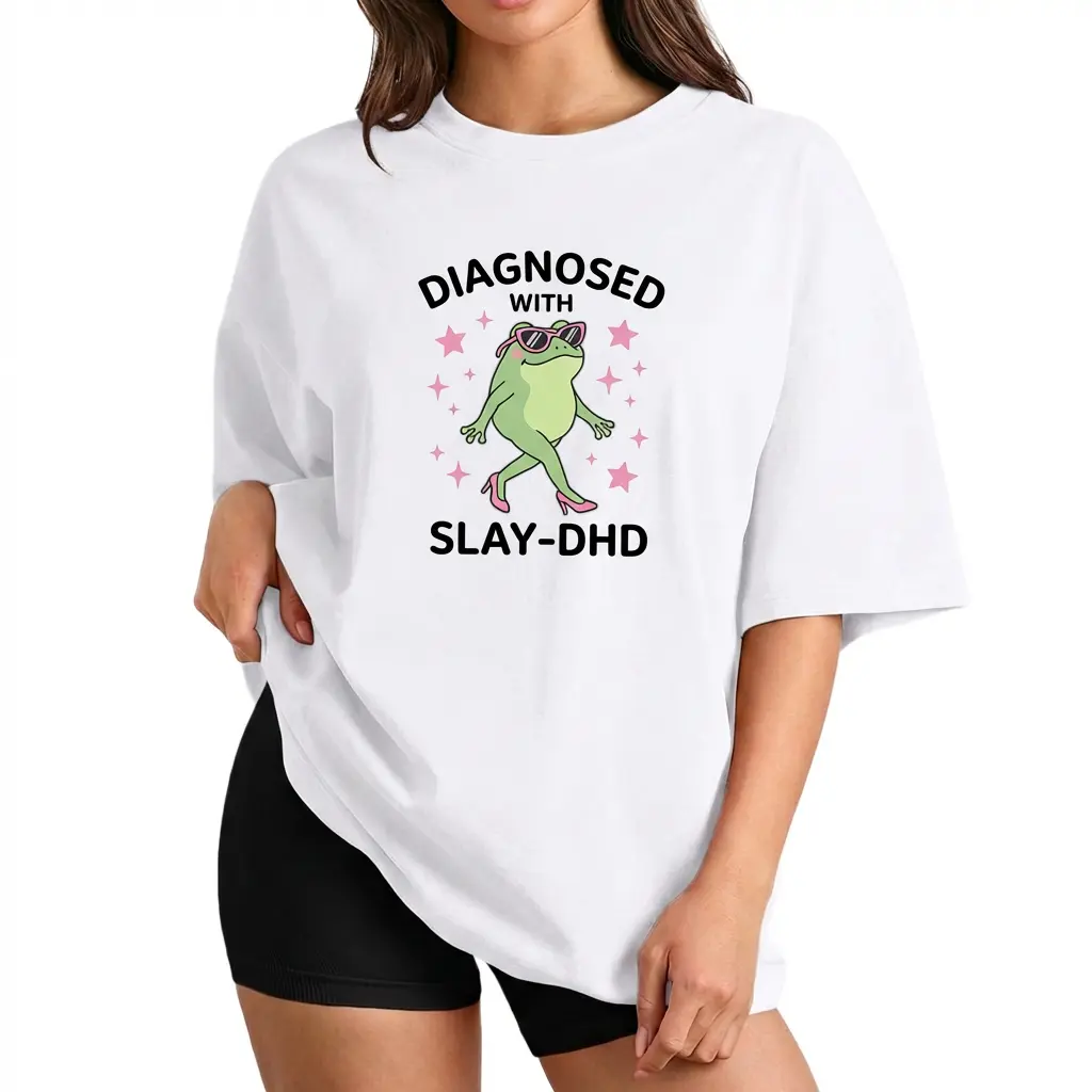 Women's Original Print Casual Fabric Funny ADHD Slay-DHD Frog Oversized Tee, Sassy Neurospicy Plus-Size Top for Her, S-6XL_KT0160, Lady