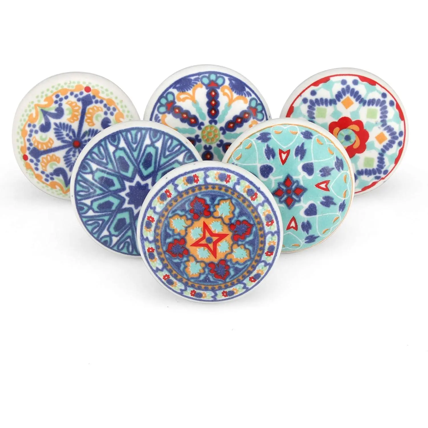 Decorative 6-Pack Round Ceramic Cabinet Knobs - Boho Handmade Pull Handle, Farmhouse Home Decor Furniture Hardware for Kitchen Cupboards, Dresser with White Mandala Design
