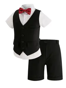 Boys' Black Basic 4-Piece Tuxedo Set (Shirt + Vest + Shorts + Red Printed Bow Tie) Single-Breasted Vest, Breathable Fabric, Great for Photoshoots & Special Occasions