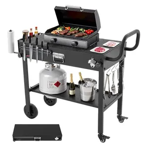 VEVOR Outdoor Grill Cart, 31.0x 17.0 inch Tabletop Size Grilling Table, Foldable Outdoor Cooking Table with Tissue Holder, Wheels, Magnetic Tool Rack, BBQ Prep Tables for Picnic, Kitchen, Courtyard