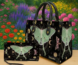 Personalized Moth & Moon Art Handbag & Wallet Options – Custom Name Design, Elegant Gold Geometric Illustration on Black Background, Top Handle Purse or Zipper Wallet, Artistic Gift for Her