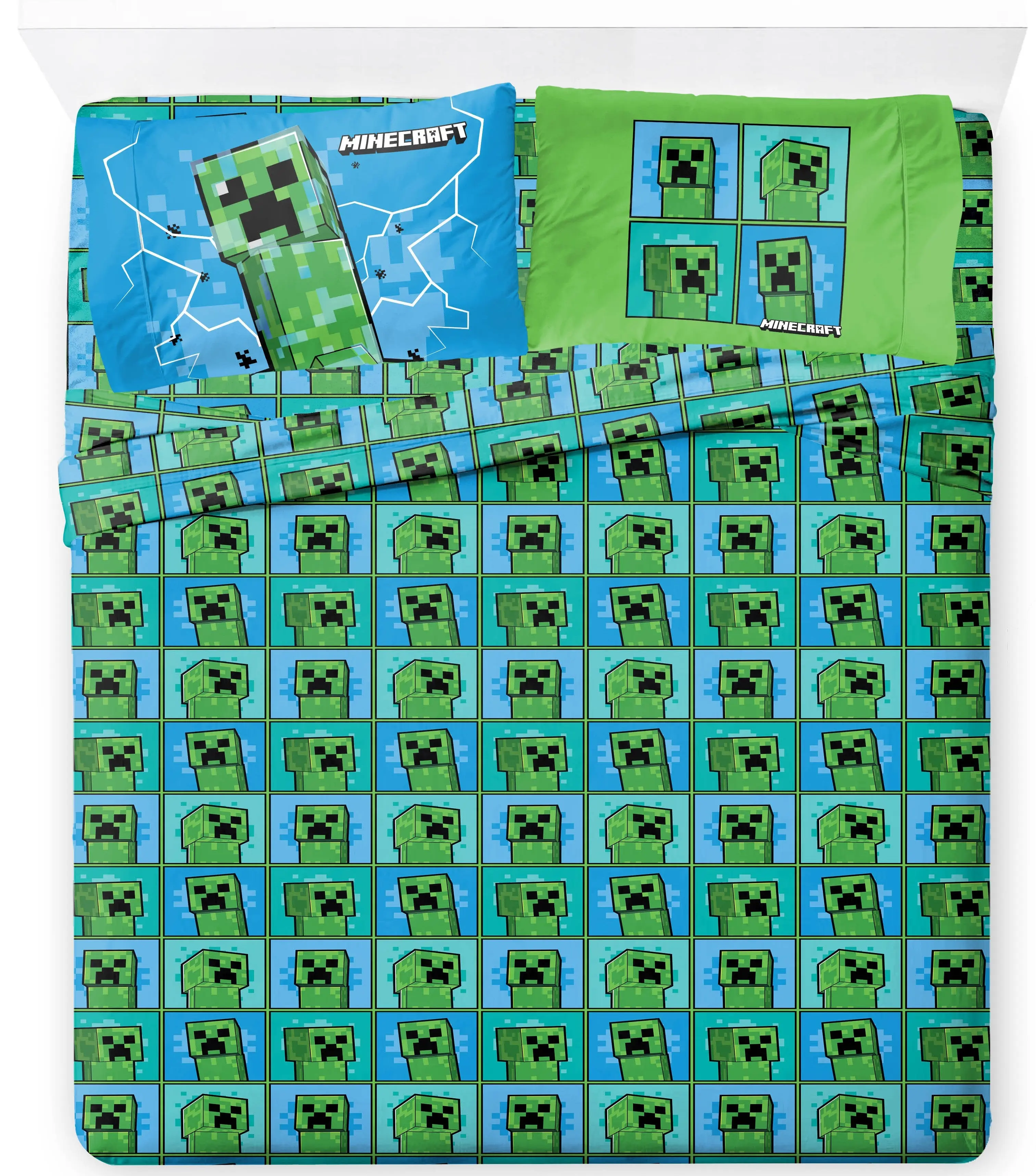 Jay Franco Minecraft Creeper Remix Kids' Twin-Size Microfiber Soft Sheet Set-Pack - 10 in Deep Pockets, Video Game Playful Vibe, 66 in x 96 in Flat Sheet, Durable Elastic Band, Elastic Stays Tight, Adventure Bedding