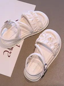 Girls' Summer Sweet Ruffled Silver Color Ankle Strap Sandals, Summer Footwear, Elegant Flower Trim Design, Soft Breathable Lining, Durable Rubber Sole, Perfect for Daily Wear