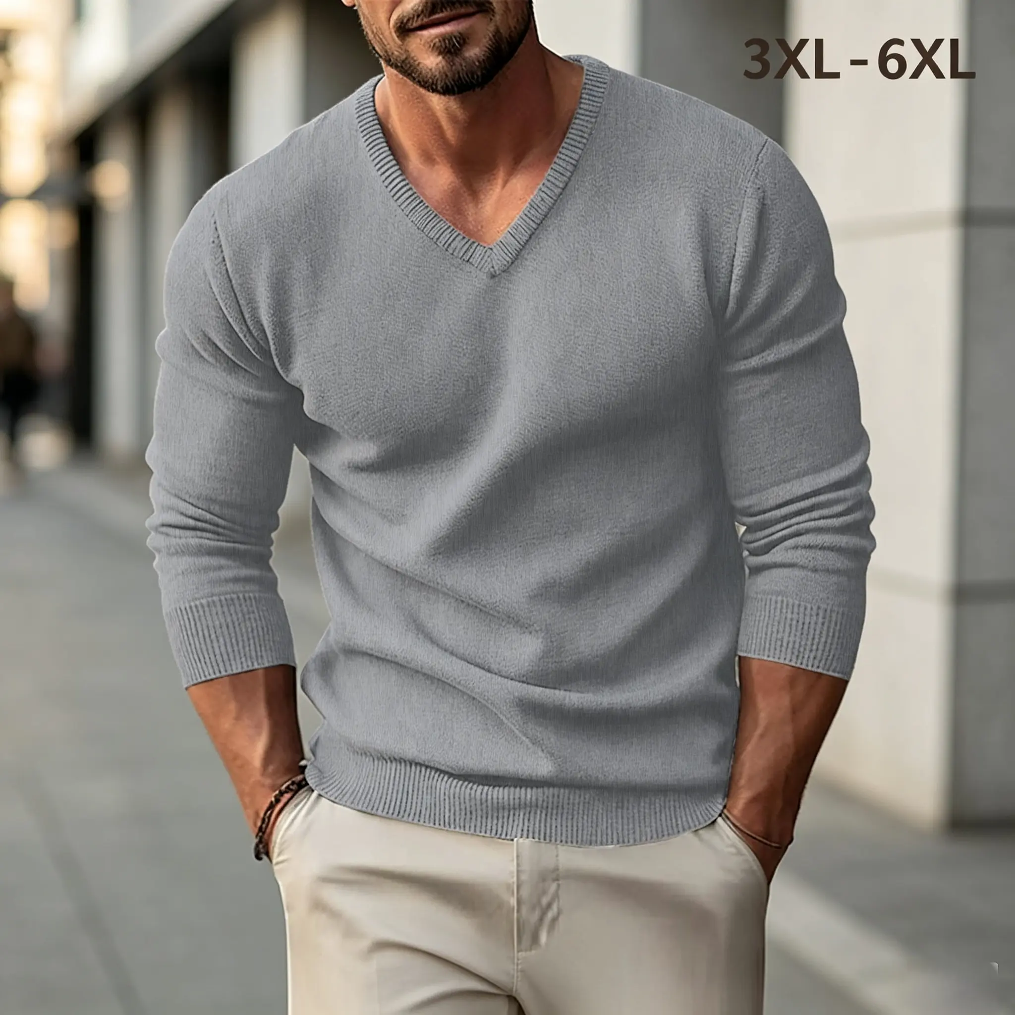 Men's Plus Size V-Neck Knit Sweater (3XL-6XL) - Soft Stretch Long Sleeve Pullover Jumper with Ribbed Cuff & Hem, Natural Smooth Original Basic Top for Business Casual Fall Winter Outfits (Pair with Pants), Cargo Pants
