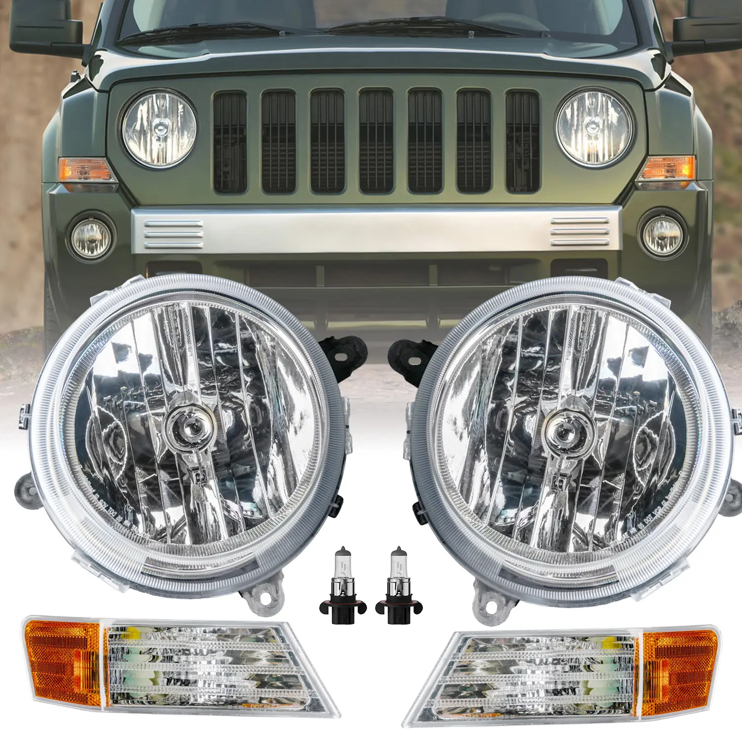 4-Piece Halogen Headlights Assembly with Bulbs, Corner Lights, High/Low Beam, Plug-N-Play, DOT&SAE Cert., Poly Lens, IP67 Waterproof Sealed, Manufacturer Warranty, Compatible with 2007-2017 Jeep Patriot & 2007-2010 Jeep Compass Halogen Light