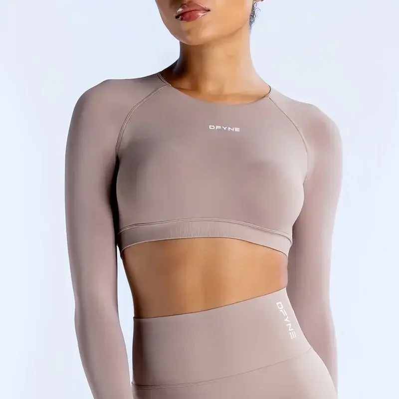 Dfyne Dynamic Long Sleeve Crop Top with Logo Women Short Sleeve Yoga Top Light Weight Gym Crop Top Seamless Bicycle Sports Long Sleeve