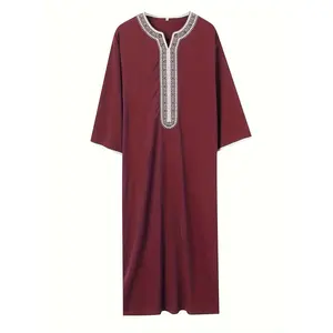 Men'S Elegant Maroon Kaftan with Intricate Beadwork Detail - Casual, Non-Stretch Polyester, V-Neck, Regular Fit, All-Season Wear, Casual Attire | Elegant Vneckline | Decorative Beadwork, Kaftan